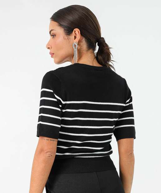 Blusa Feminina Tricô Listrada Manga Curta Marisa Preto