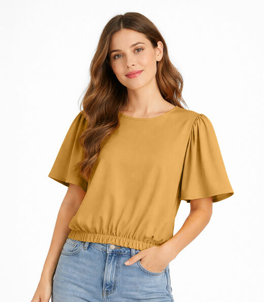 Image_Blusa Feminina Com Franzido Na Manga Infinita Cor Marrom