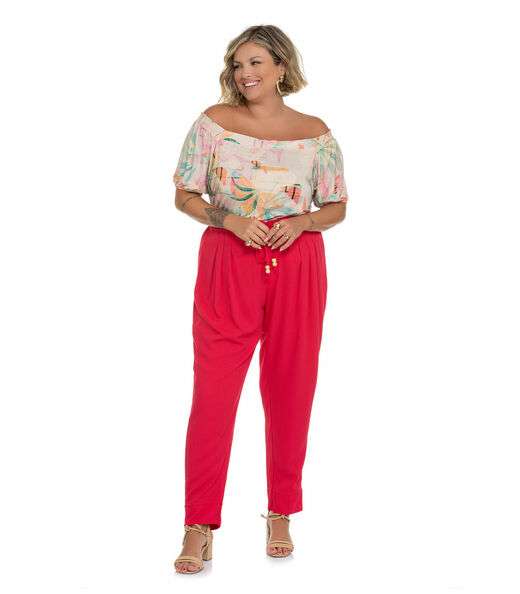 Calça Feminina Plus Size Com Pregas Secret Glam Vermelho