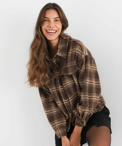 Image_Camisa Feminina Xadrez Flanelada Marisa Marrom