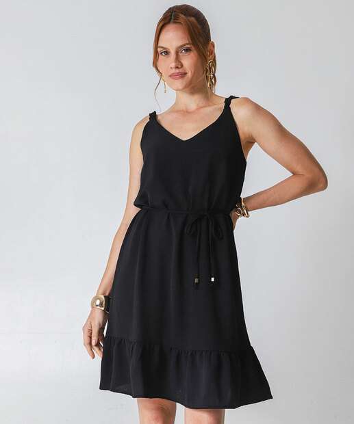 Vestido Feminino Alças Finas Babado Marisa Preto