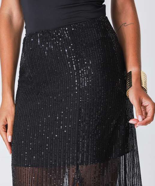 Saia Feminina Midi Reta Paetês Marisa Preta