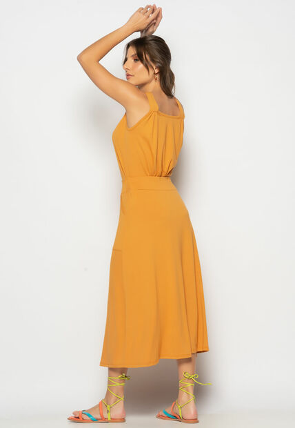 Conjunto Regata Drapeada e Saia Midi Malha Caramelo Salvatore