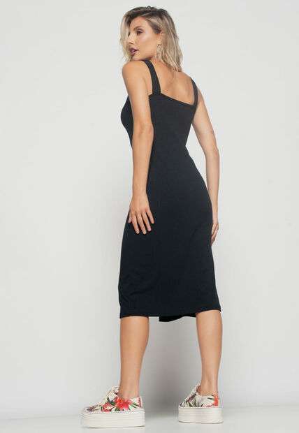 Vestido  Midi Fenda Canelado Preto