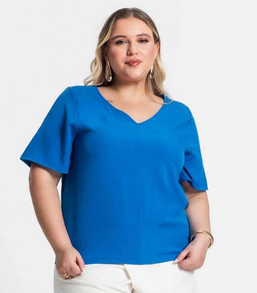 Blusa Plus Size Feminina Decote V Secret Glam Azul