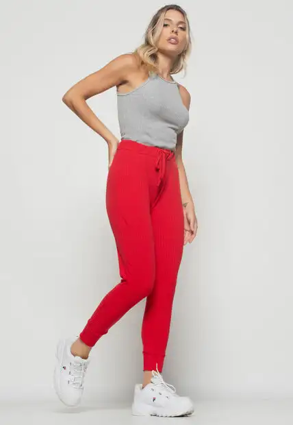 Calça  Jogger Comfy Malha Canelada Vermelho Claro Salvatore Fashion