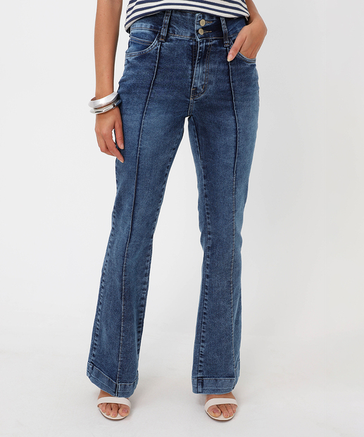 Calça Jeans Flare Feminina Friso Bolsos Azul