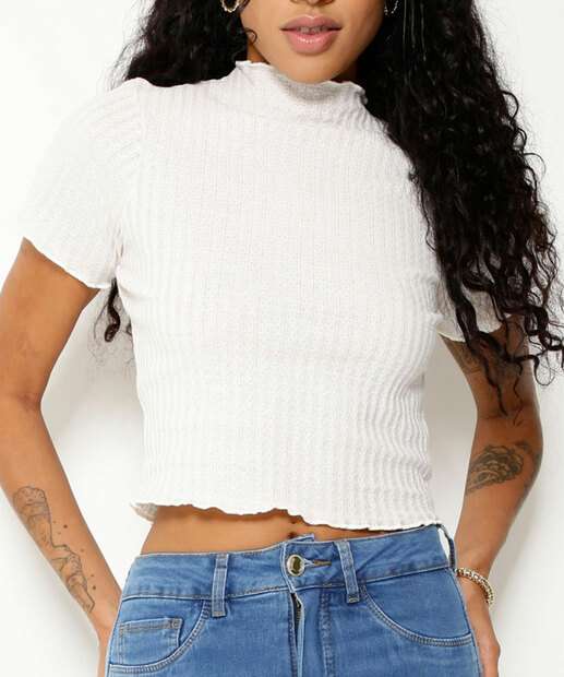 Blusa Cropped Feminina Gola Alta Manga Curta 