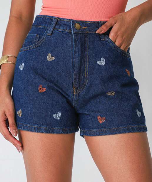 Short Jeans Feminino Bordado Coração Azul