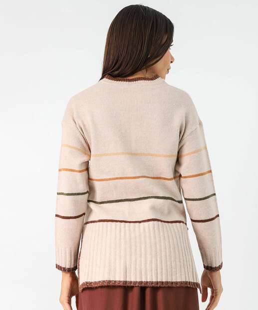 Suéter Feminino Chenille Listrado Brilho Lurex Marisa Bege