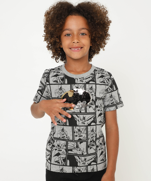 Camiseta Infantil Batman Paetê Warner Bros Tam 4 a 10 Cinza