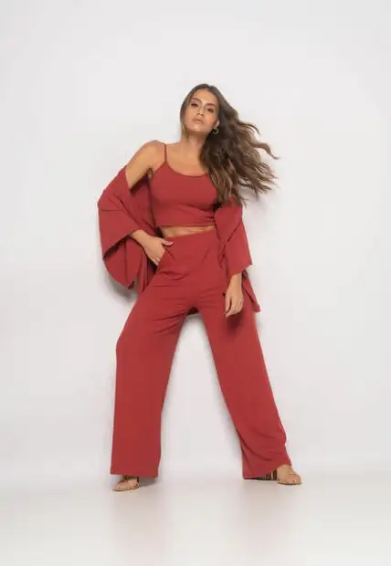 Conjunto Com Kimono, Cropped e Wide Leg Canelado Terra Salvatore