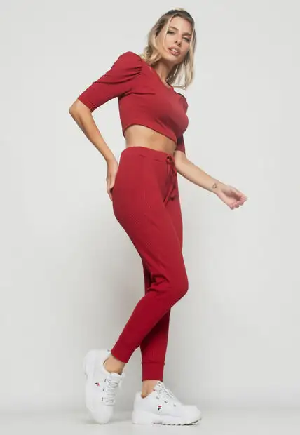 Calça  Jogger Comfy Malha Canelada Vermelho Escuro Salvatore Fashion