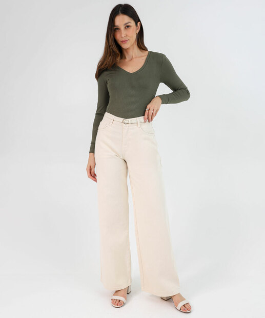 Image_Calça Feminina Sarja Wide Leg Marisa Bege
