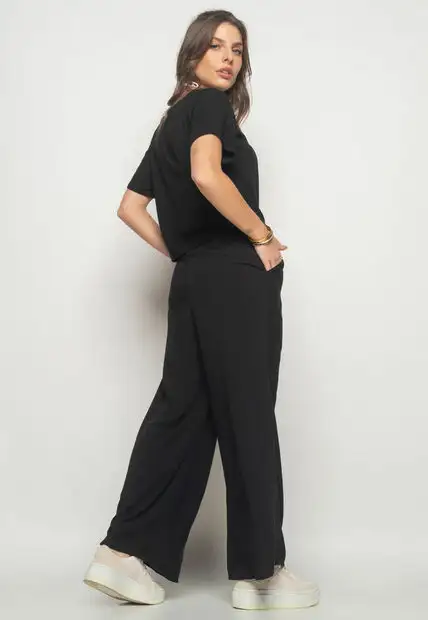 Calça Wide Leg Viscolinho Com Bolso Preta Salvatore Fashion