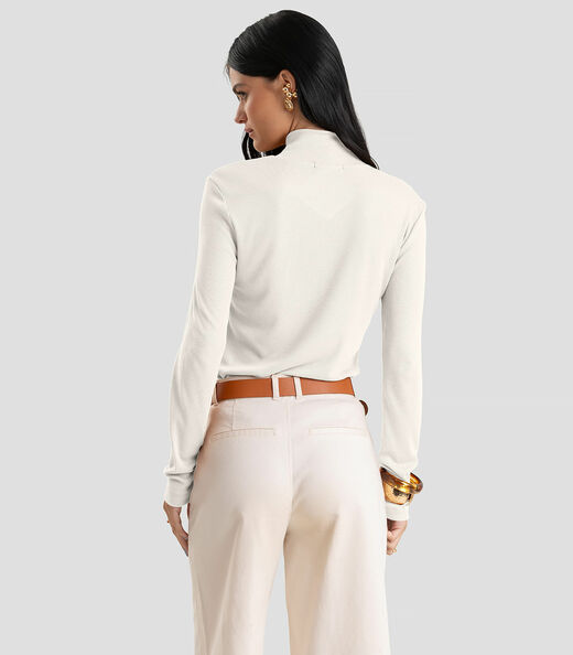 Blusa Feminina Gola Alta Cruzada Canelada Dianna Bege