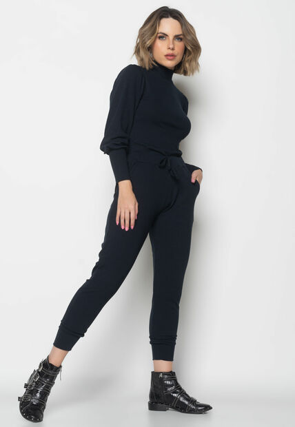 Conjunto Comfy Com Blusa Princesa M/L e Jogger Canelado Preto Salvatore