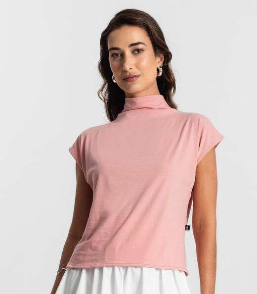 Blusa Feminina Manga Curta Meia Malha KO Rosa