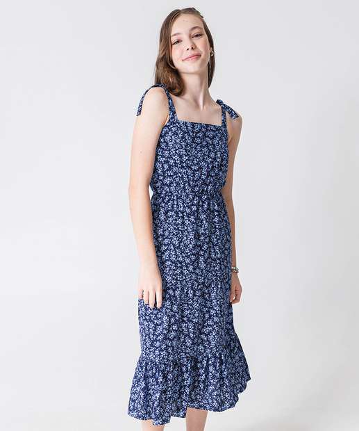 Vestido Juvenil Midi Estampa Flores Marisa Tam 10 a 16 Azul