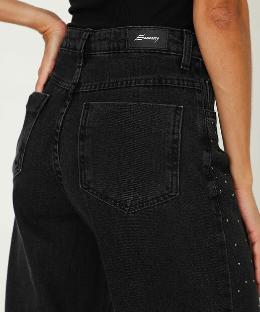 Calça Feminina Jeans Wide Leg Strass Sawary Preto
