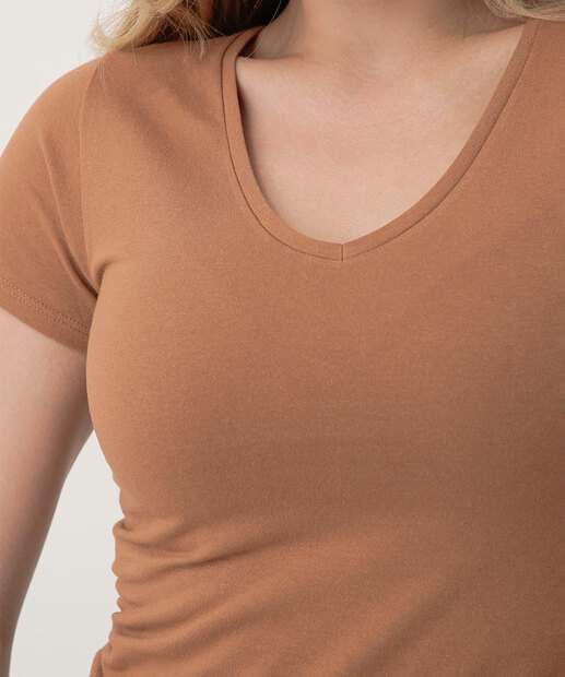 Blusa Feminina Básica Cotton Manga Curta Marisa Marrom