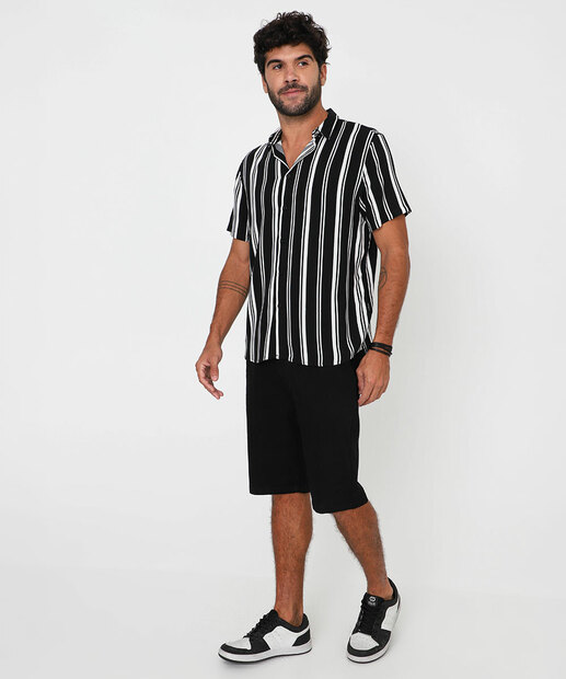 Camisa Masculina Listrada Viscose Manga Curta MR Preto