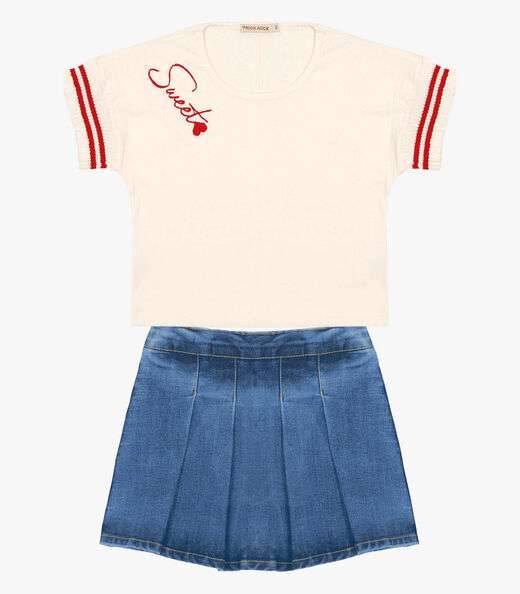 Conjunto Blusa Com Shorts Saia Jeans Trick Nick Bege