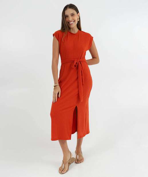 Image_Vestido Feminino Canelado Midi Fenda Marisa Laranja
