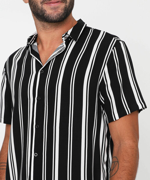 Camisa Masculina Listrada Viscose Manga Curta MR Preto