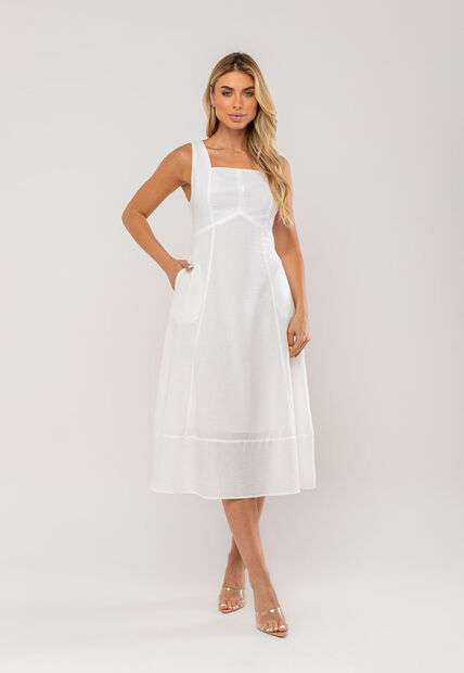 Vestido Midi Decote Reto e Alça Larga Branco Salvatore