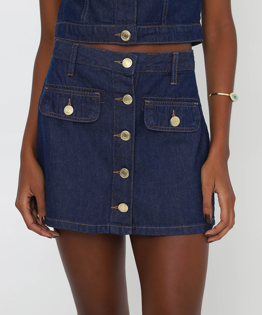 Mini Saia Jeans Feminina Botões Marisa Azul