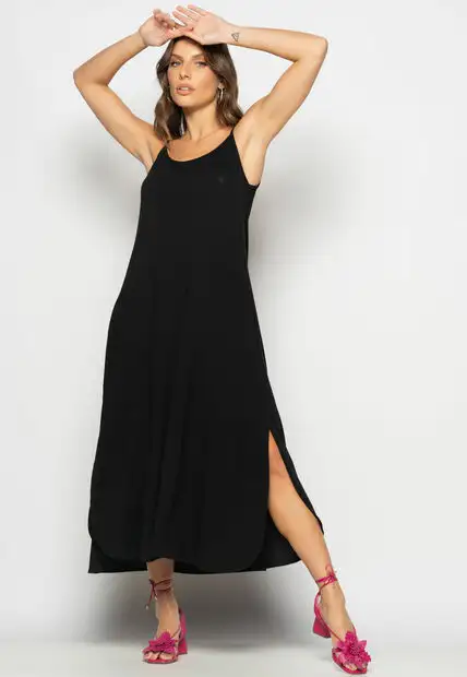 Vestido Longo Alcinha Com Barra Arredondada E Bolsos Preto Salvatore