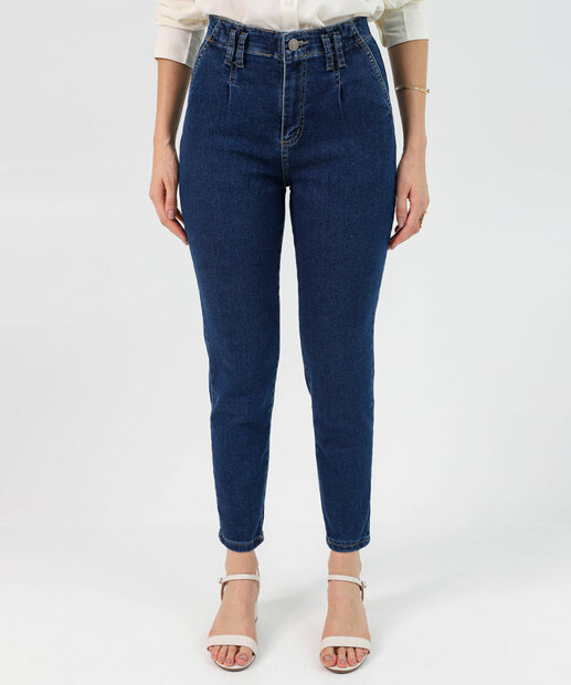 Calça Mom Jeans Cintura Alta Bolsos Sawary Azul