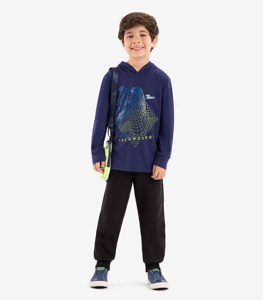 Camiseta Infantil Manga Longa Com Capuz Rovi Kids Azul