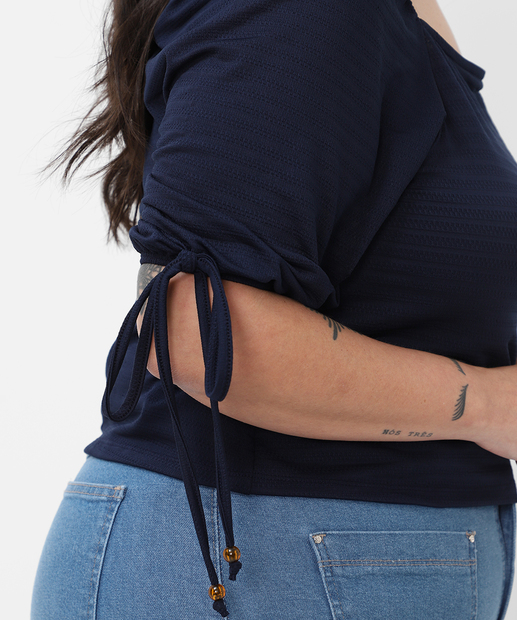 Blusa Plus Size Feminina Textura Amarração Marisa Azul