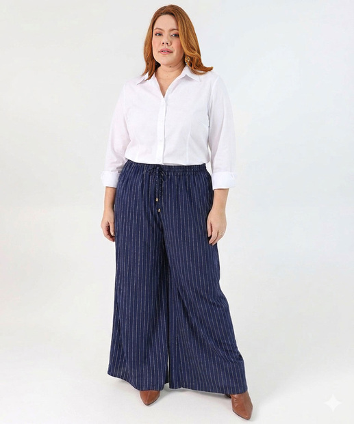 Image_Calça Plus Size Feminina Pantalona Listrada Marisa Azul