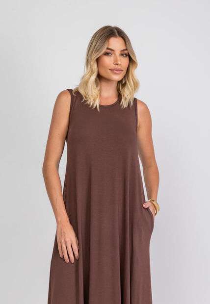 Vestido Longo Regata Com Bolsos Marrom Salvatore