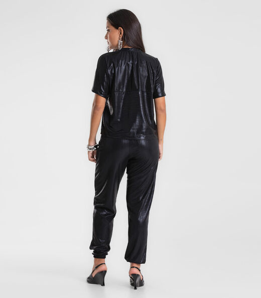 Calça Feminina Aladim em Malha Plissada Dianna Preto