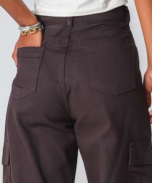 Calça Sarja Wide Leg Bolsos Cargo Feminina 
