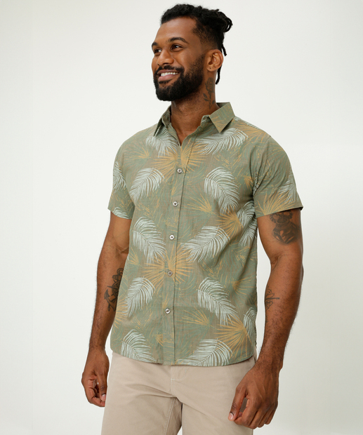 Camisa Masculina Estampa Folhas Manga Curta 