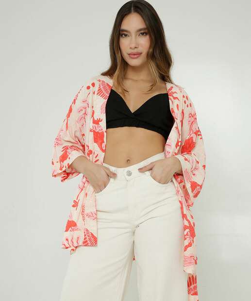 Kimono Feminino Estampa Tropical Manga Curta Marisa