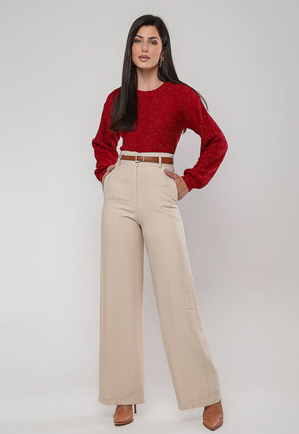 Blusa de Tricot em Fio Boton? Gola Redonda Vermelho Salvatore