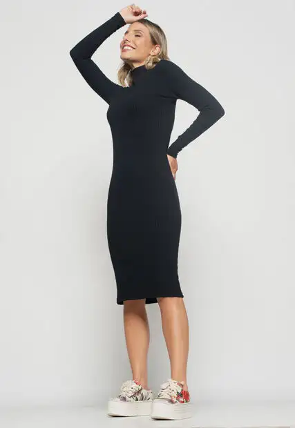 Vestido  Midi Manga Longa Canelado Preto