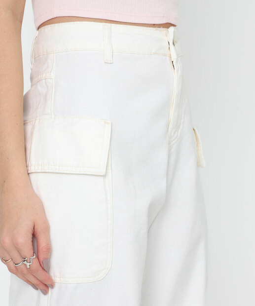 Calça Feminina Sarja Wide Leg Cargo Sawary Off White