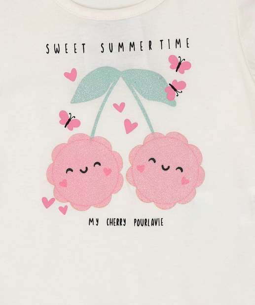 Camiseta Infantil Cerejas Manga Curta Marisa Tam 1 a 3 Off White
