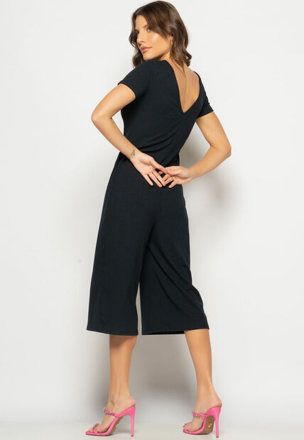 Macacão Pantacourt Manga Curta Costas Em V Canelado Preto Salvatore