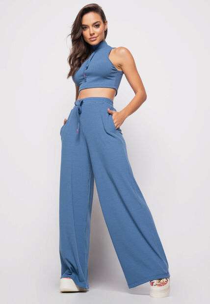 Calça  Wide Leg Malha Canelada Azul Salvatore Fashion