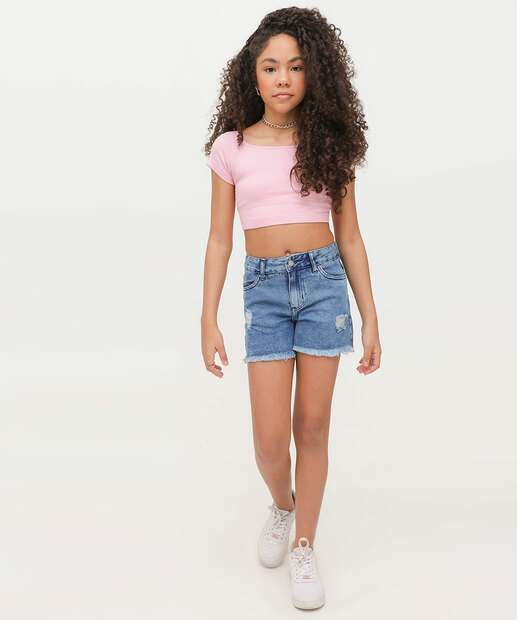 Short Juvenil Jeans Puídos Barra Desfiada Tam 10 a 16