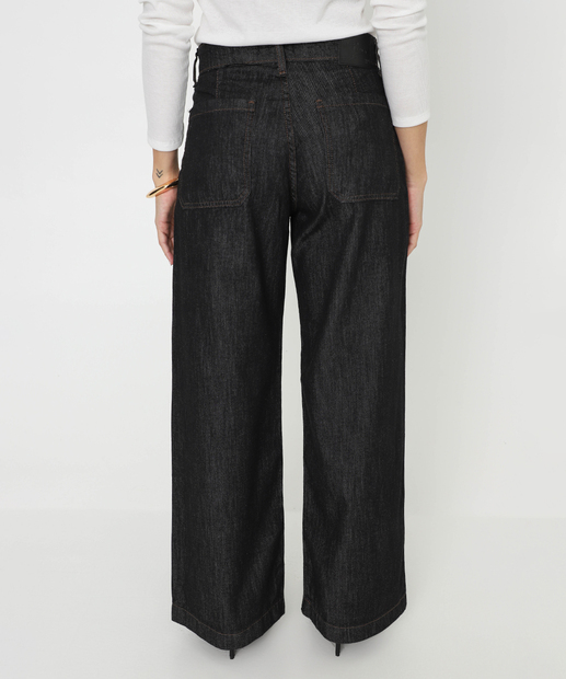 Calça Jeans Wide Leg Bolsos Feminina Preto