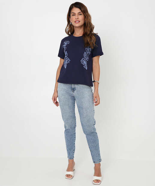 Blusa Feminina Estampa Flores Manga Curta Marisa Azul
